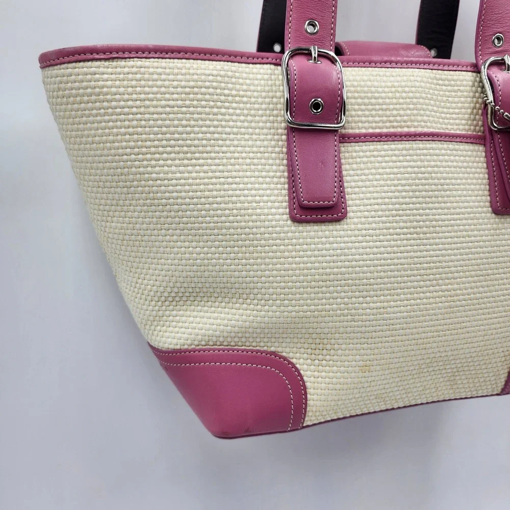 Y2K Coach Woven Straw Tote Bag Pink Leather Trim Buckle Preppy Shoulder Purse